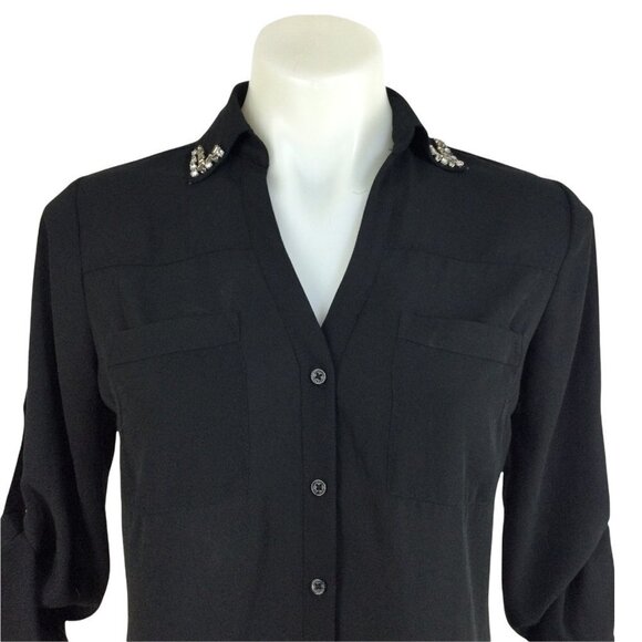 Express Portofino Pearl Button Roll Tab Sheer Black Studded Blouse Top Womens XS - Picture 2 of 8